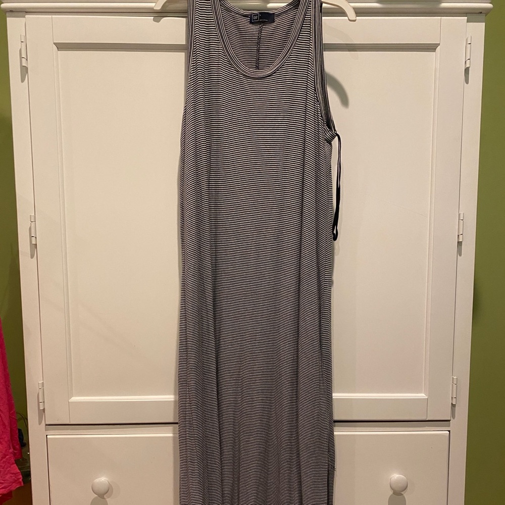 Navy and white striped maxi dress
